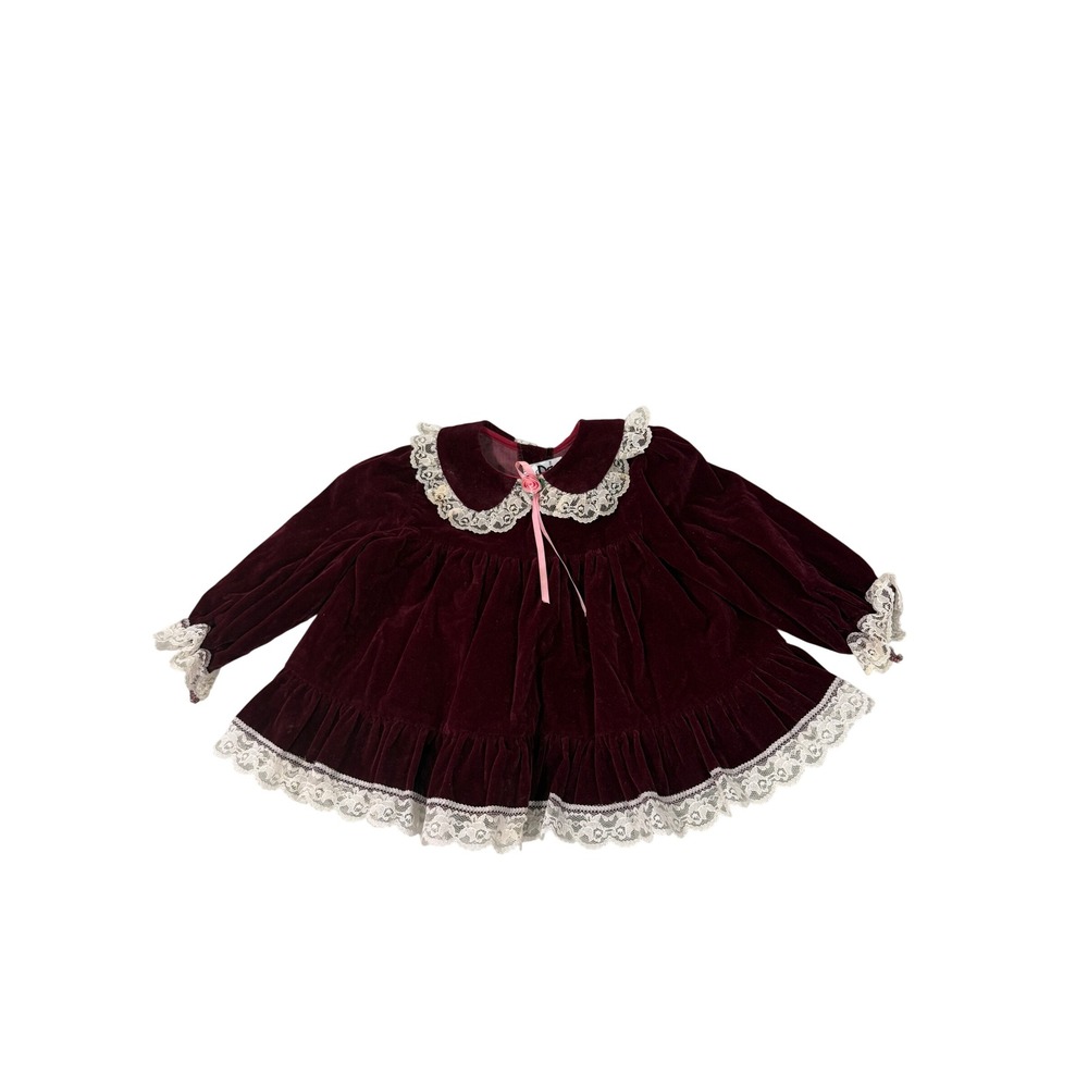 VTG Jo Lene Burgundy Velvet Lace Baby shirt Long Sleeve Holiday USA Made 2T?